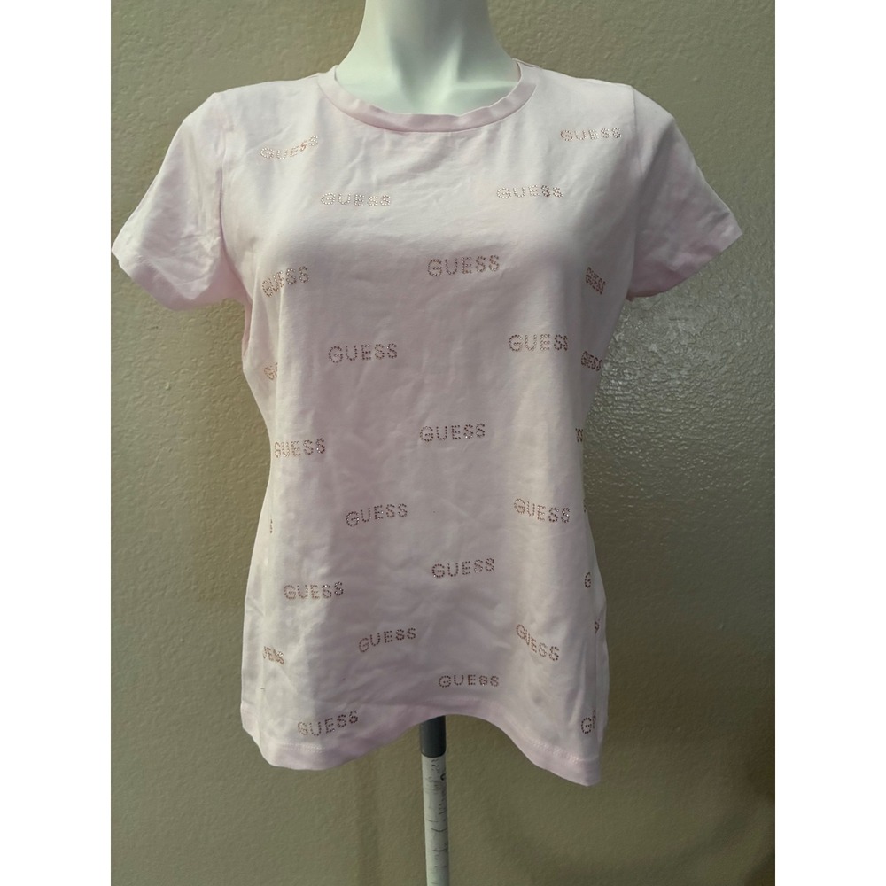 Guess Los Angeles Womens Pink Rhinestone Logo Short Sleeve T-Shirt XL